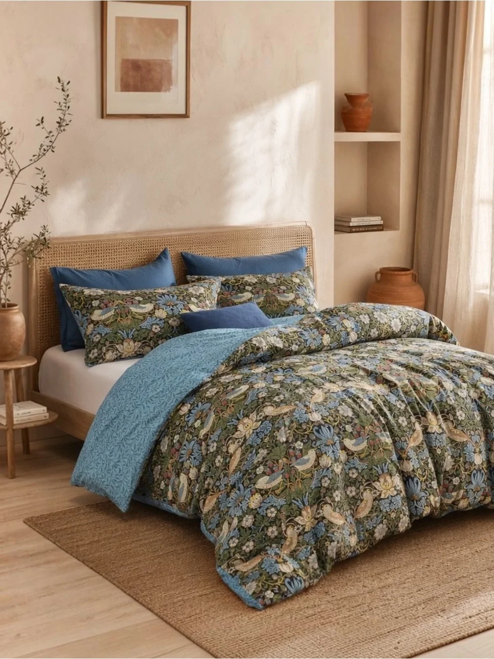 NEW Anthropologie Blue Green Bird Print Boho Queen King Bedding Duvet & Sham Set